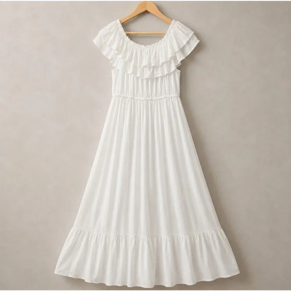 Anna-Kaci White Ruffle Maxi Dress L Off Shoulder Boho Coastal Vacation Feminine - Picture 3 of 14